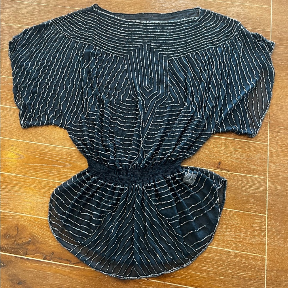 Unbranded sheer dark turquoise heavily beaded vintage women’s top, fits Medium.